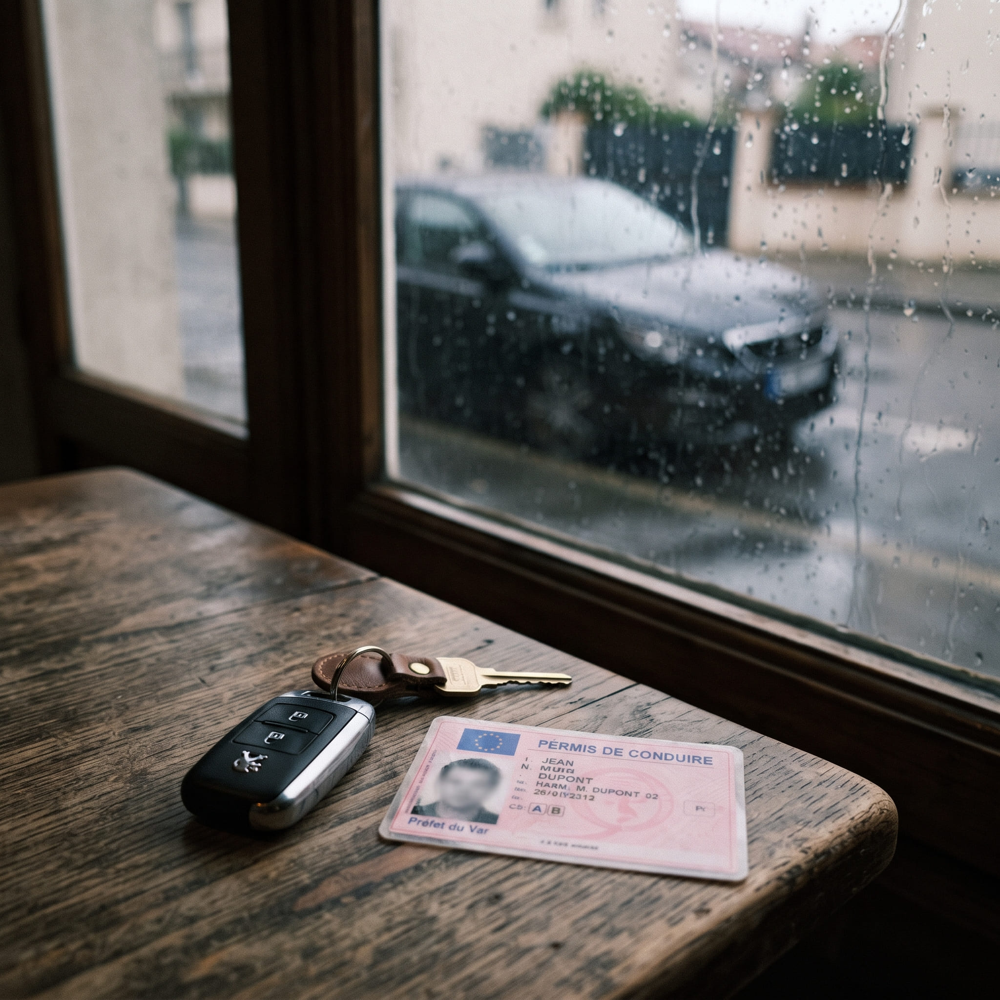 Permis de conduire français au format carte bancaire et clés de voiture posés sur une table en bois rustique, devant une fenêtre sous la pluie donnant sur une voiture stationnée.