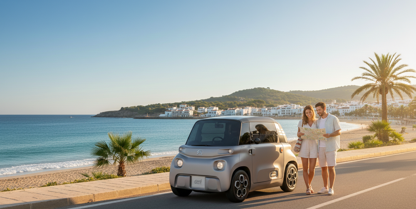 Couple de vacanciers avec une Citroën Ami grise sur une route de bord de mer ensoleillée.