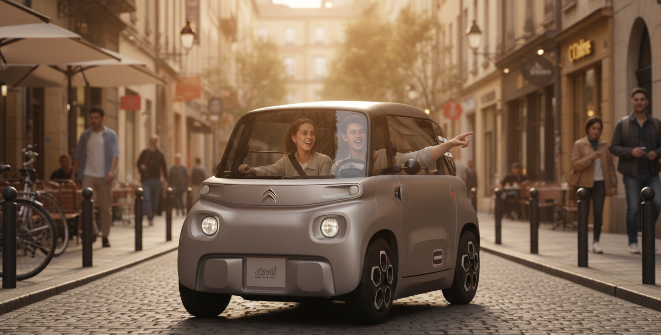 Deux jeunes souriants à bord d'une Citroën Ami grise circulant dans une rue pavée en centre-ville.