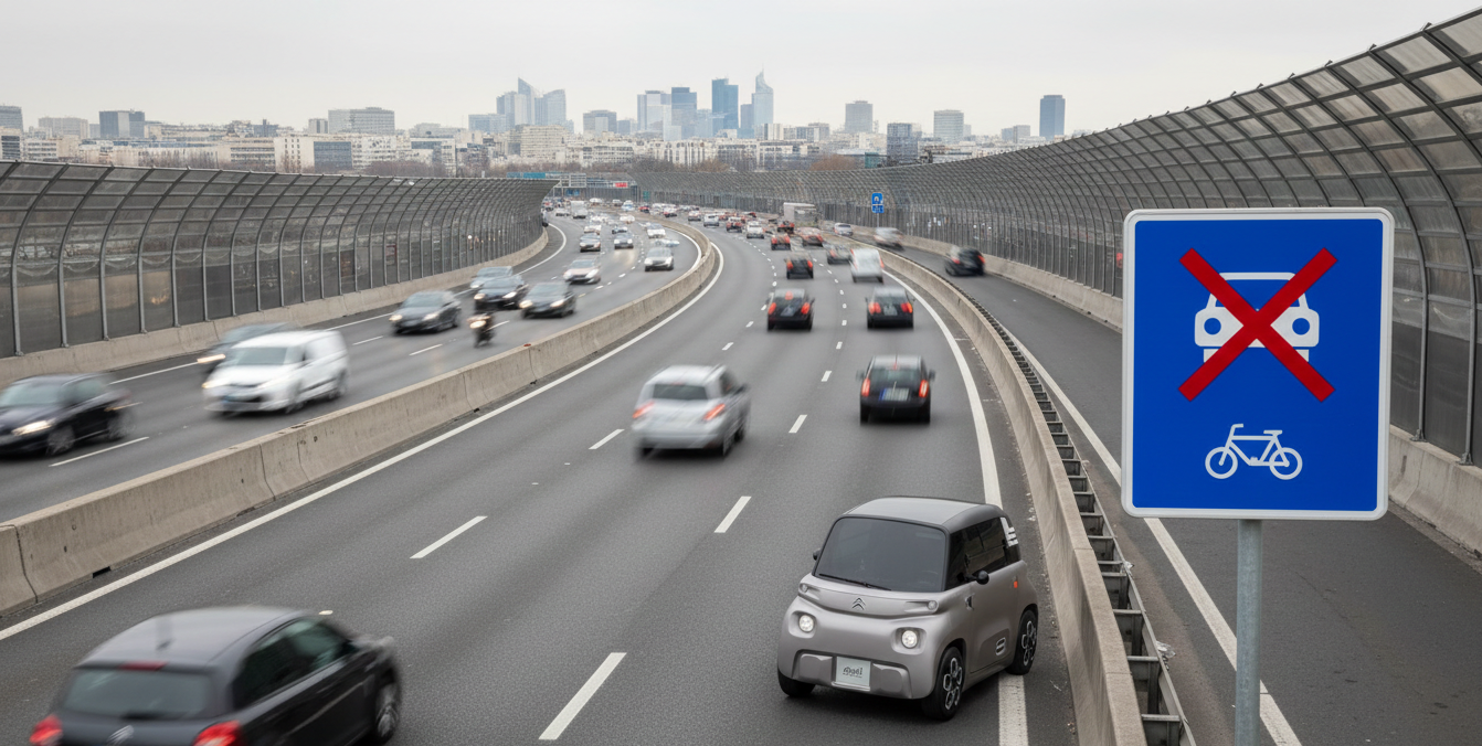 Voiture sans permis grise circulant sur le bord d'une voie rapide urbaine avec un panneau d'interdiction au premier plan.