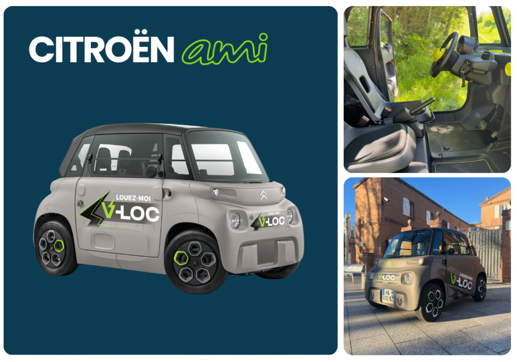 Montage photo d'une Citroën Ami électrique grise louée par V-Loc. On voit le véhicule de profil, une vue de l'intérieur avec le volant et le siège, et une vue de la voiture garée en extérieur devant un bâtiment en briques.