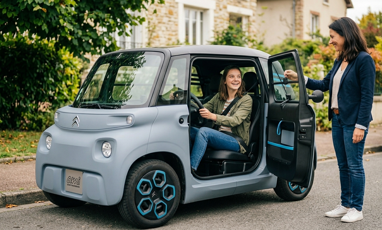 Une jeune fille souriante au volant d'une Citroën Ami bleue devant une maison, pendant qu'une adulte lui remet les clés du véhicule.