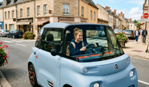 Une jeune fille sourit au volant d'une petite voiture électrique bleu clair, une Citroën Ami, circulant dans une rue pavée bordée de commerces traditionnels comme une boulangerie et une épicerie.