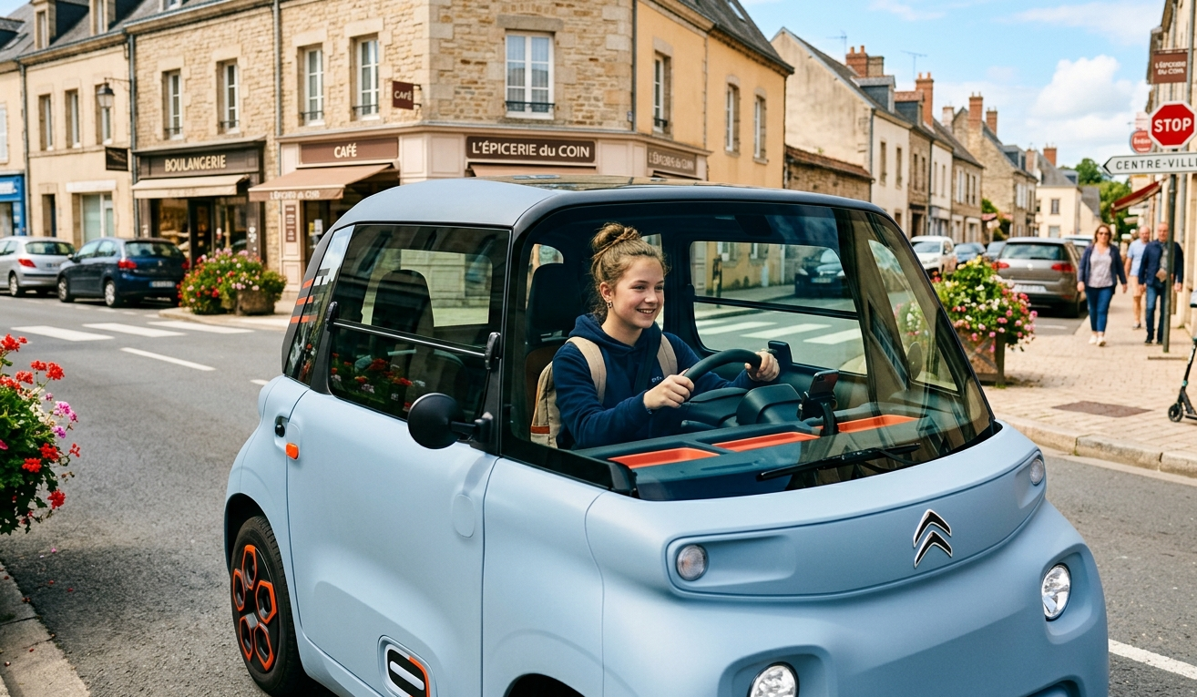 Une jeune fille sourit au volant d'une petite voiture électrique bleu clair, une Citroën Ami, circulant dans une rue pavée bordée de commerces traditionnels comme une boulangerie et une épicerie.