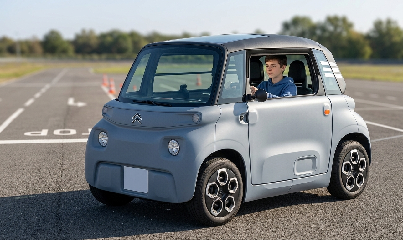 Une Citroën Ami grise conduite par un jeune homme sur une piste d'auto-école avec des marquages au sol.