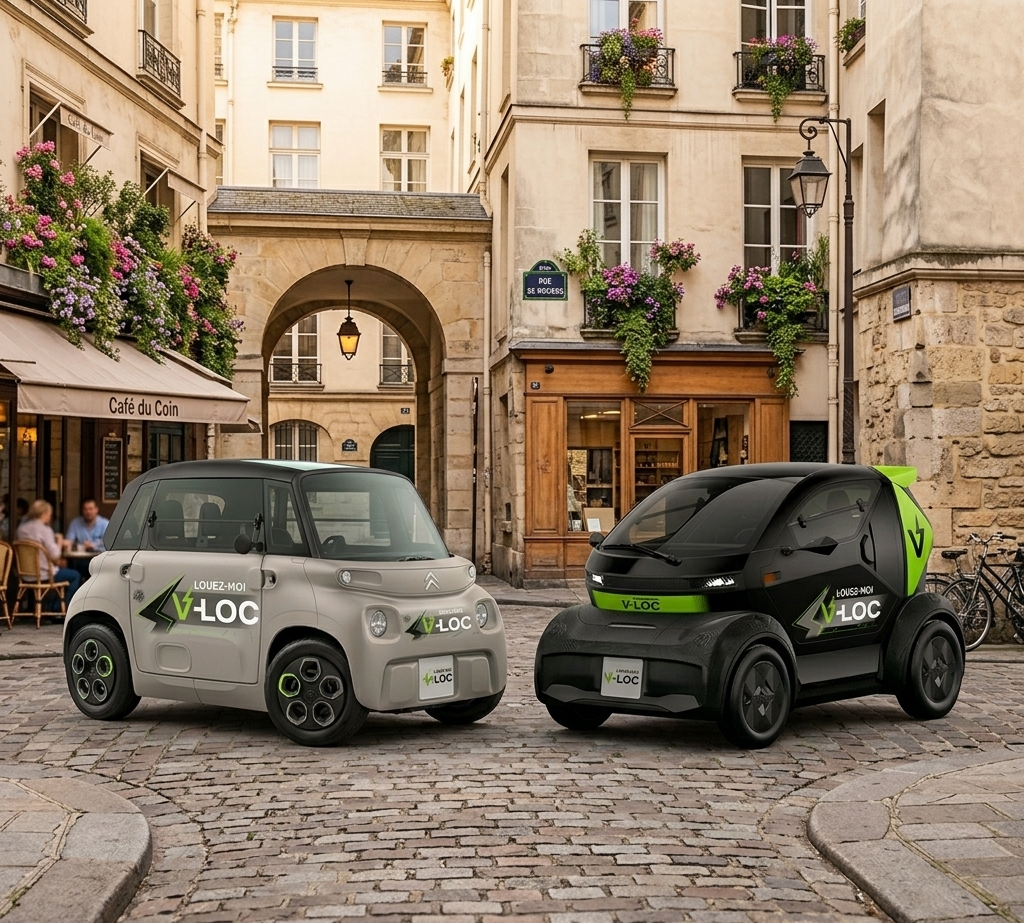 Une Citroën Ami grise et une Mobilize Duo noire, toutes deux floquées du logo "V-LOC", garées côte à côte dans une rue pavée typique de Paris devant un café fleuri.