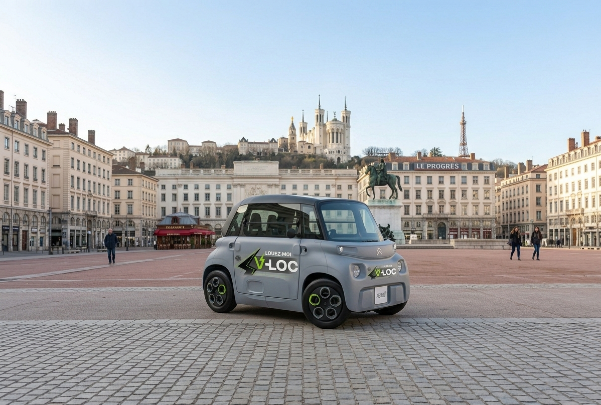 Une petite voiture électrique Citroën Ami grise avec des autocollants "V-LOC" garée au centre de la vaste Place Bellecour à Lyon, avec la colline de Fourvière et sa basilique en arrière-plan.