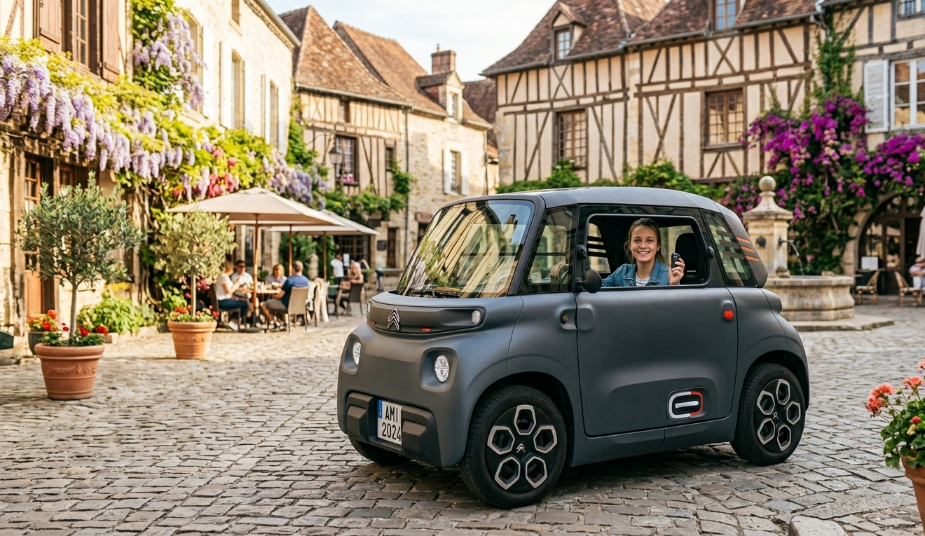 Une Citroën Ami grise stationnée sur une place de village pavée en France. Une jeune femme sourit au volant en tenant les clés.