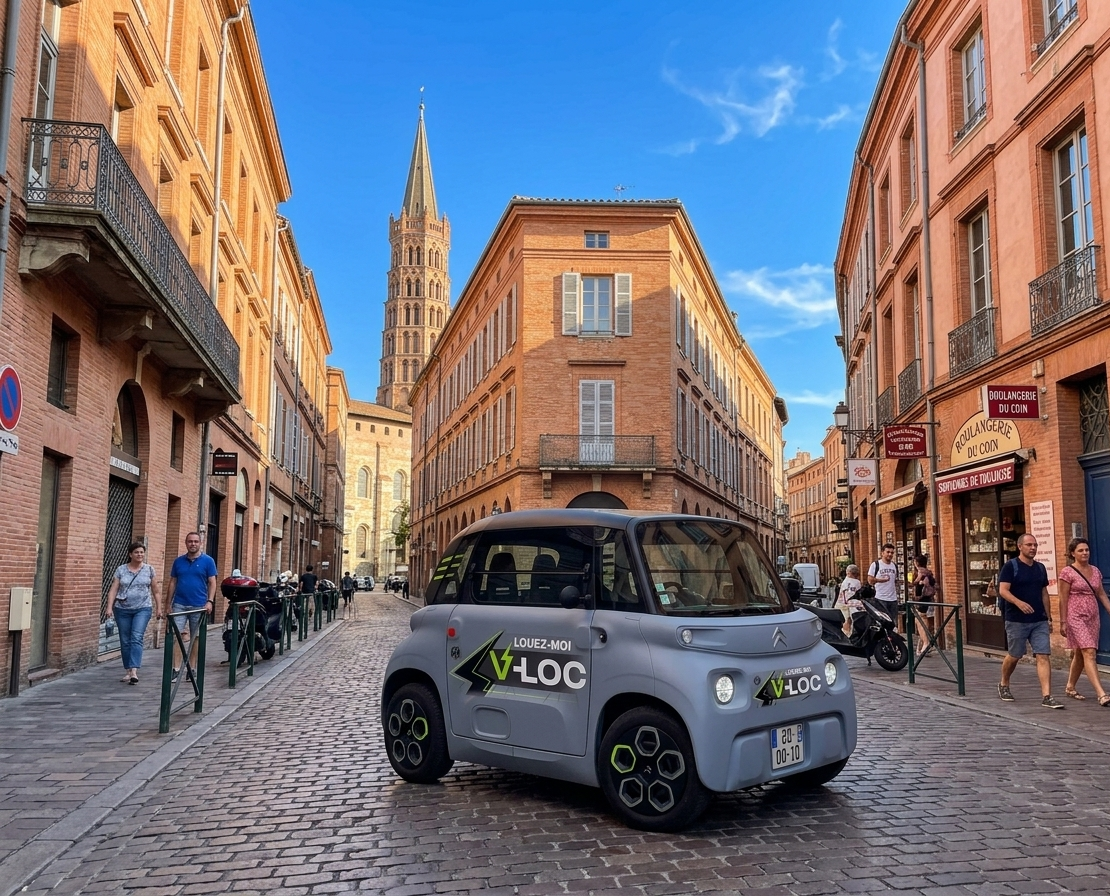Une voiture électrique Citroën Ami grise avec le logo "V-LOC" circulant dans une rue pavée typique de Toulouse, entourée de bâtiments en briques roses sous un ciel bleu avec le clocher de la basilique Saint-Sernin en arrière-plan.