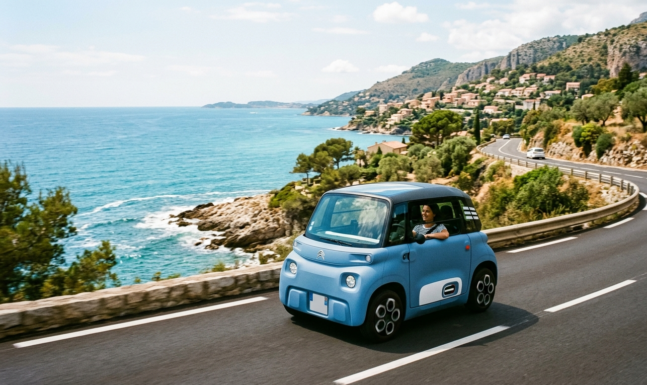 Une Citroën Ami bleue roulant sur une route côtière ensoleillée avec vue sur la mer et des falaises.