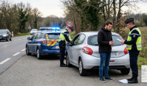 Un gendarme en uniforme procède au contrôle d'un jeune conducteur à côté d'une voiture grise sur le bord d'une route de campagne. Scène illustrant un contrôle routier pour conduite sans permis.