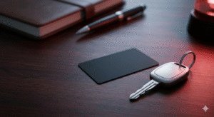 Une clé de voiture et une carte de paiement noire posées sur un bureau en bois sombre, éclairées par une lueur rouge symbolisant une sanction.