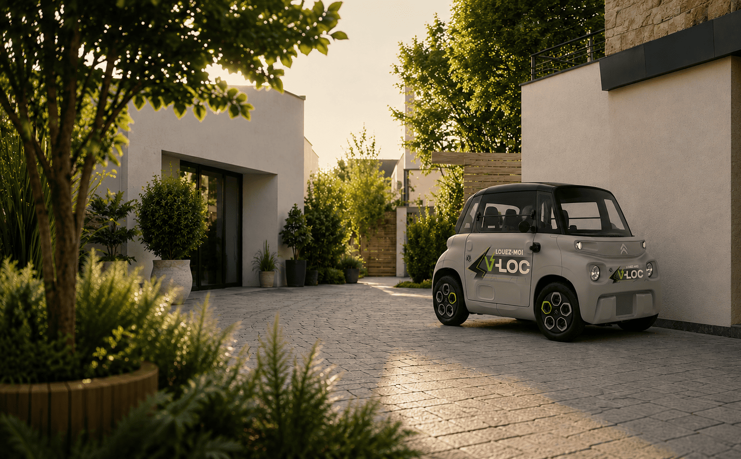 Voiture sans permis électrique V-Loc stationnée devant une maison moderne, en cours de recharge sur une borne, dans un environnement résidentiel lumineux et verdoyant.