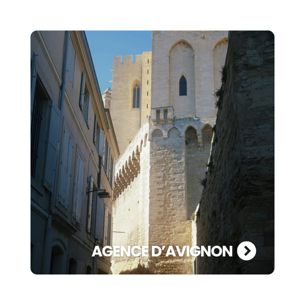 Ruelle pavée ombragée menant aux hauts murs en pierre du Palais des Papes à Avignon.
