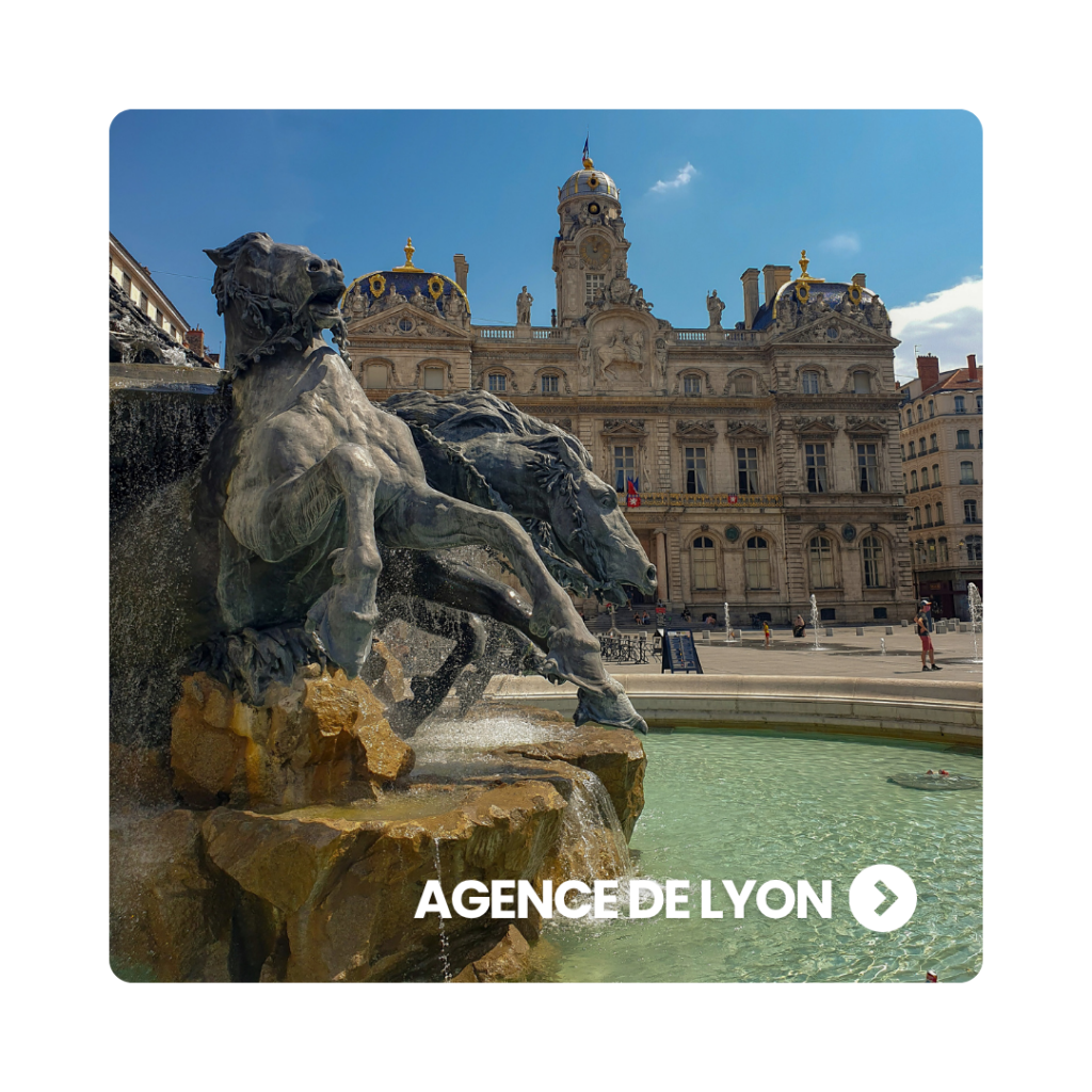 La fontaine Bartholdi sur la place Terreaux à Lyon, avec l'Hôtel de Ville en arrière-plan.